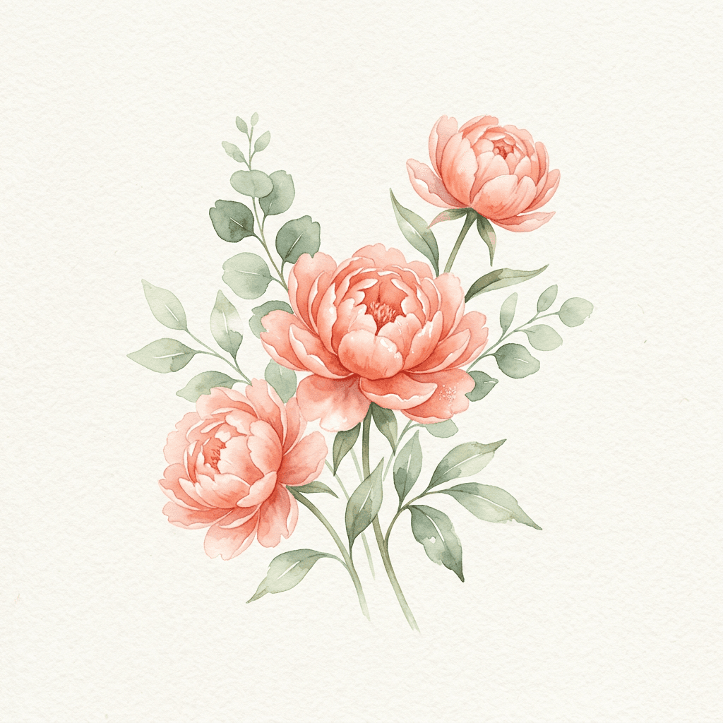Pivoines corail et feuilles vert sauge sur papier crème, aquarelle créée par IA